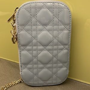 Lady Dior patent blue phone holder bag